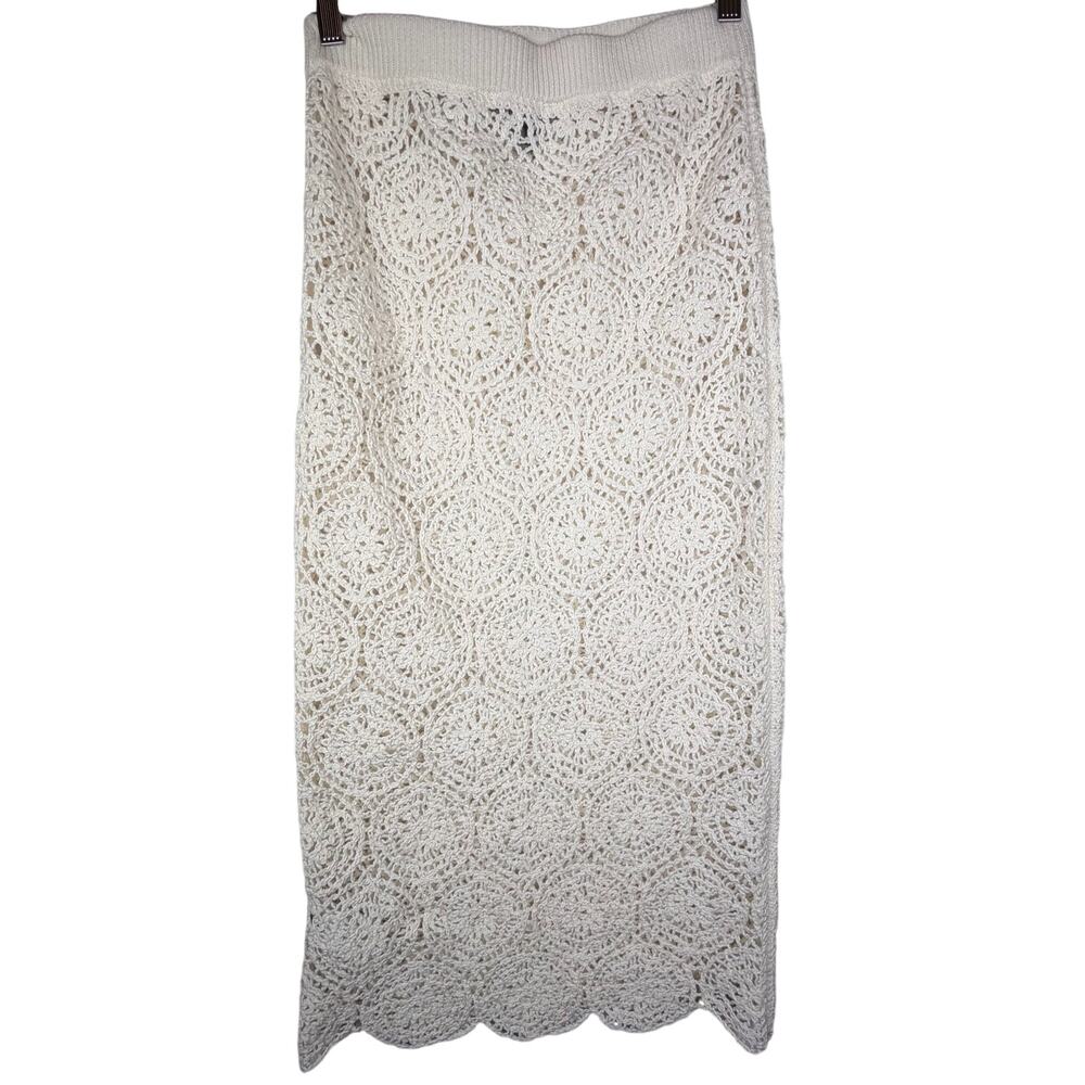 J.Crew Crochet Sweater Skirt Womens XS Ivory Cream Knit Midi Fitted Boho Coastal - Picture 4 of 6